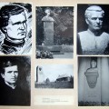 Dailininkų darbai: viršuje V. Valiaus, A. Kyno ir H. Rudzinsko, apačioje nežinomo dailininko, paminklinis akmuo Rumšiškėse ir biustas Anykščių bažnyčioje.