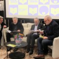 A. Baranausko kūrybą Knygų mugės lankytojams pristatė (iš kairės): S. Valentas, A. Latėnas, P. Subačius ir G. Vaškelis.