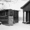 Statomas A. Baranausko biustas prie klėtelės. 1985 m. sausio 15 d. Alfredo Motiejūno nuotrauka.